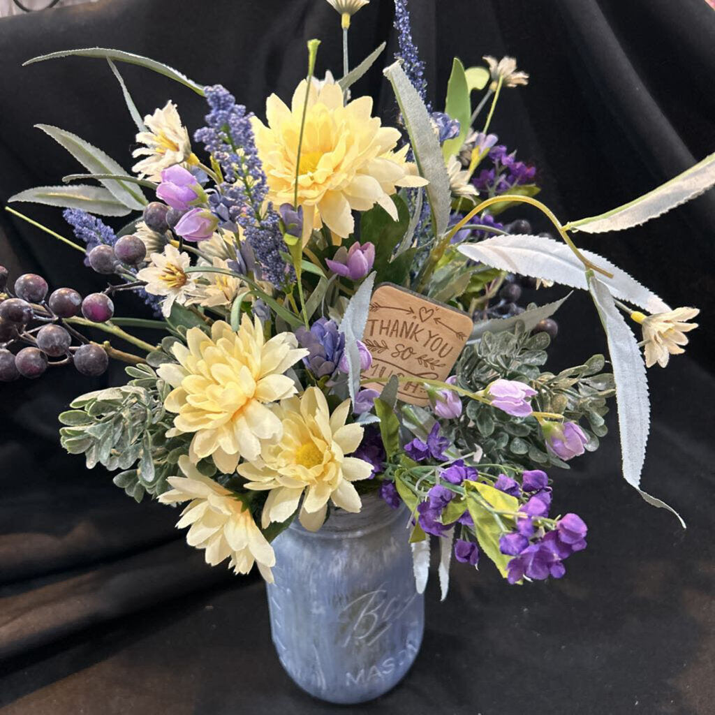 Blue Mason Jar Floral Arrangment #33