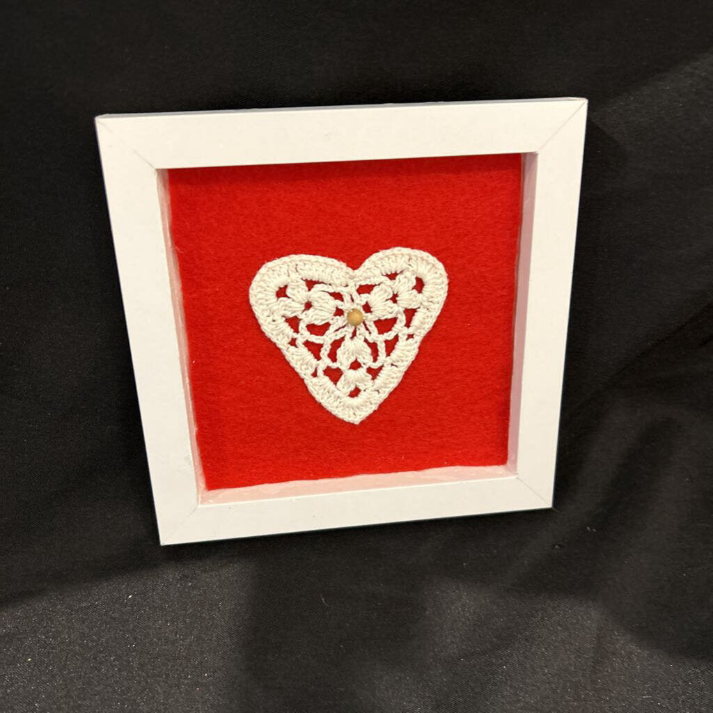 wood ornament crocheted heart