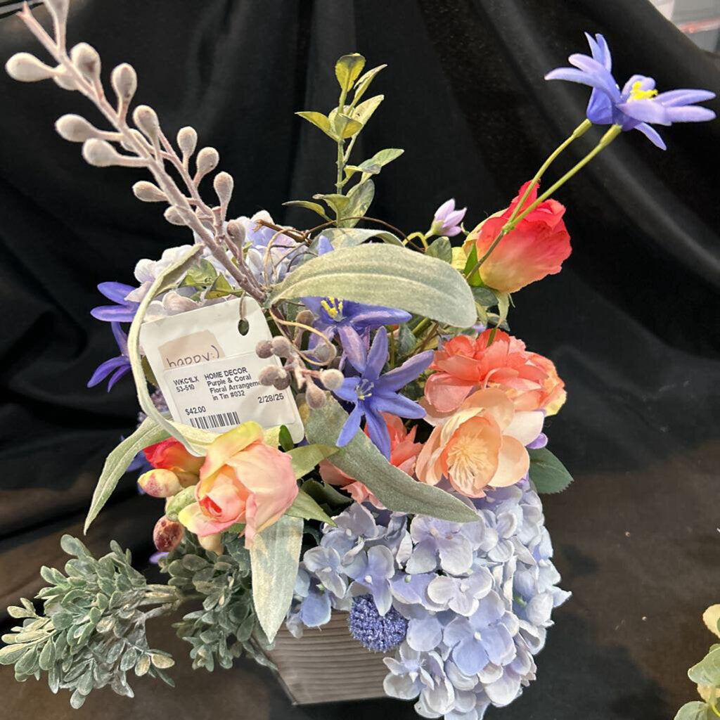 Purple & Coral Floral Arrangement in Tin #032