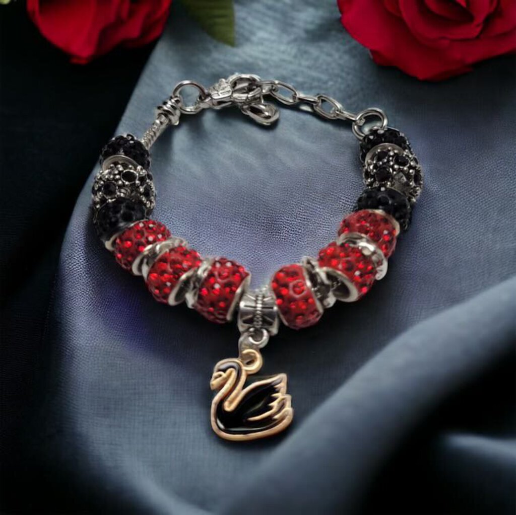 MJ Red Black Rhinestone w/Black Swan Bracelet