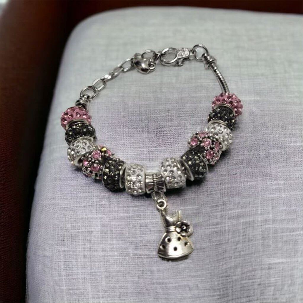 MJ White Pink Rhinestone Bracelet Dress Charm