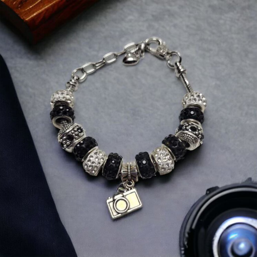 MJ Black White Rhinestone Bracelet Camera Charm