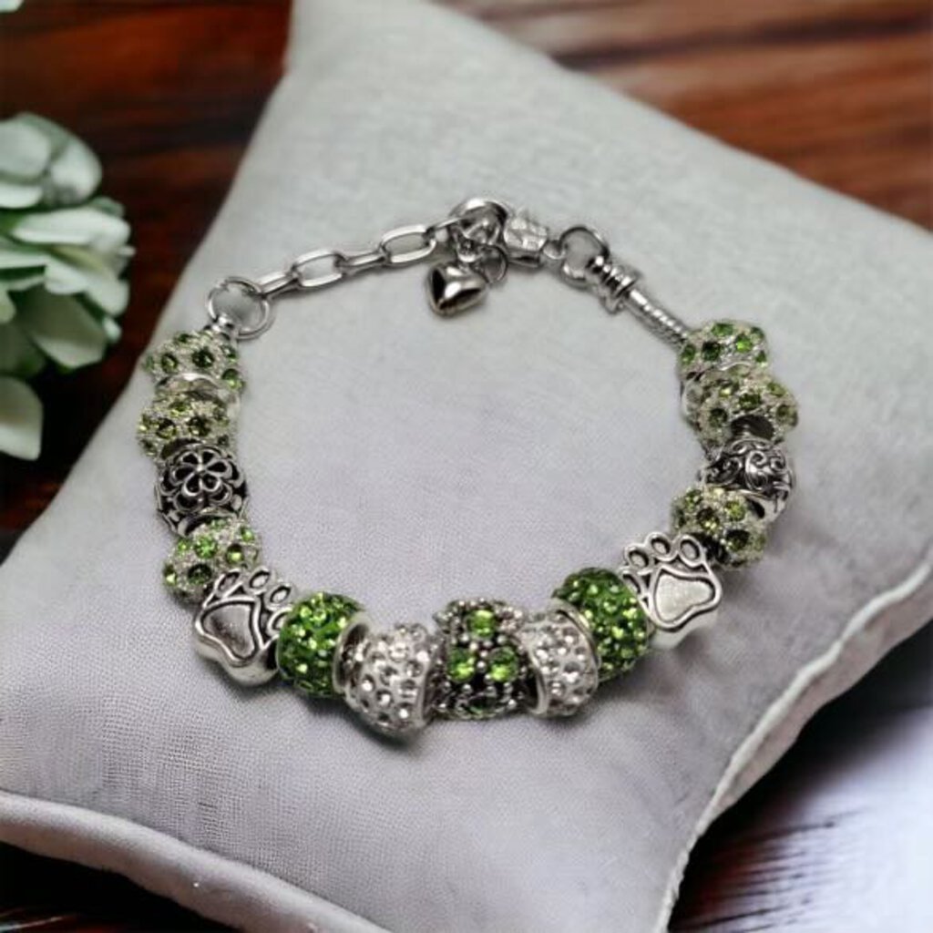 MJ Silver Green Rhinestone Bracelet Paw Beads