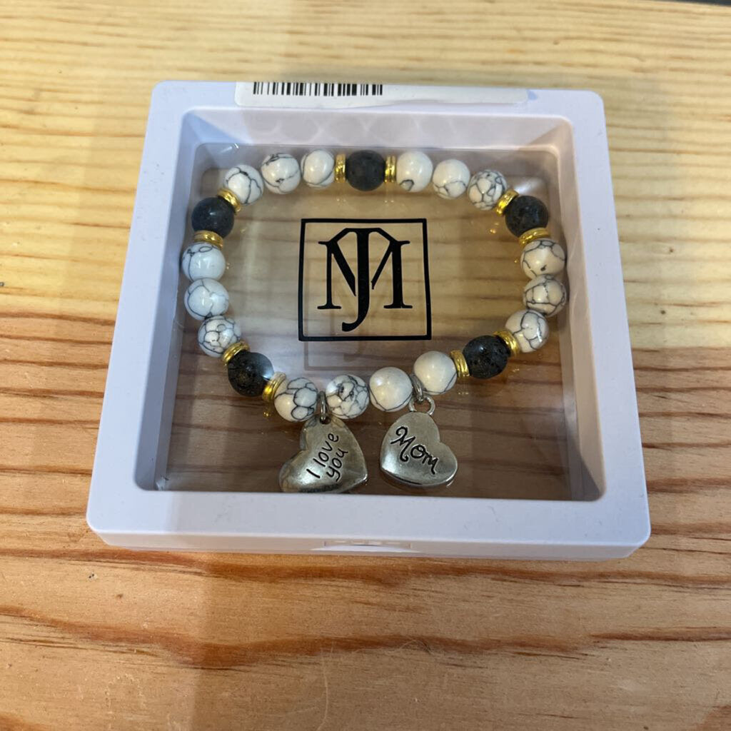 MJ White Howlite Bracelet Black Volconic w/ I Love Mom