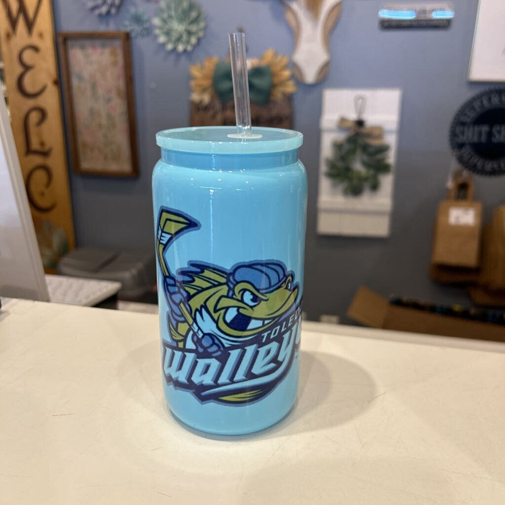 Tol Walleye Blk Spike Lt Blue 16oz Beer Can Glass