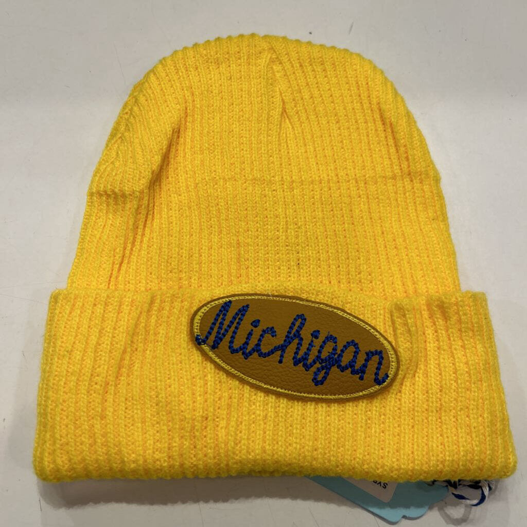 Yellow Knit Hat Leather Michigan Scripted patch