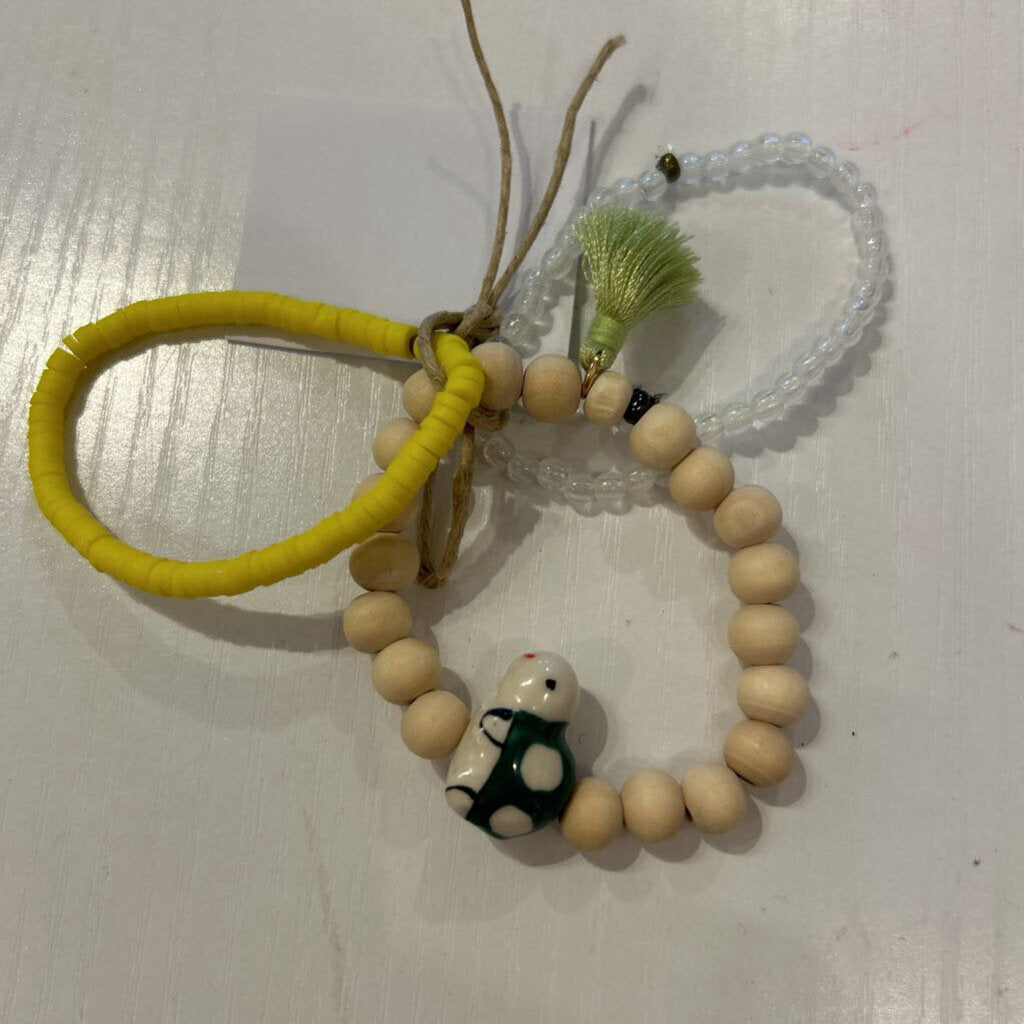 Kids set of 3 beaded with green turtle bracelet