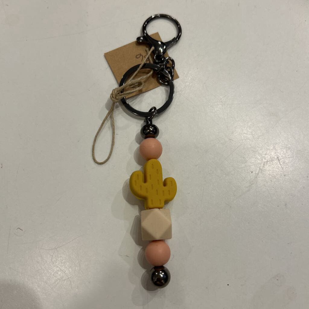 Cactus silicone beaded yellow/wood keychain