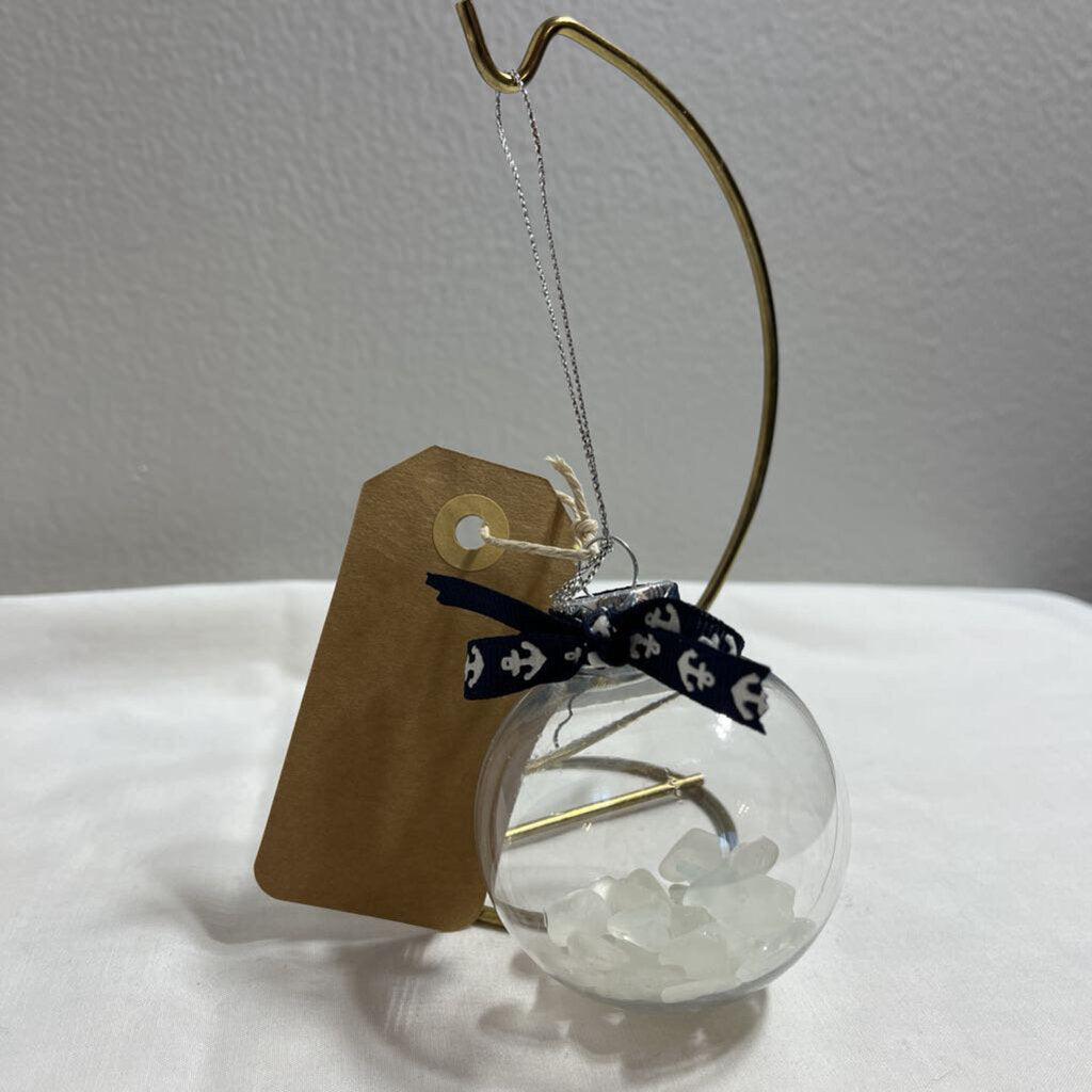 #71 Ornament-Sm Black/White Anchor RIbbon White Glass