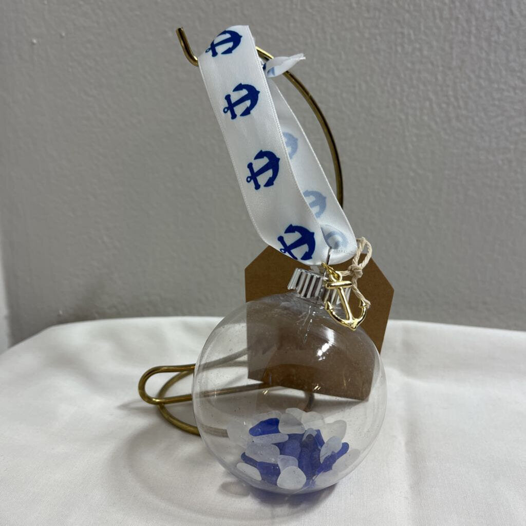 #74 Ornament-White/Blue Anchor Ribbon, Blue & White Glass