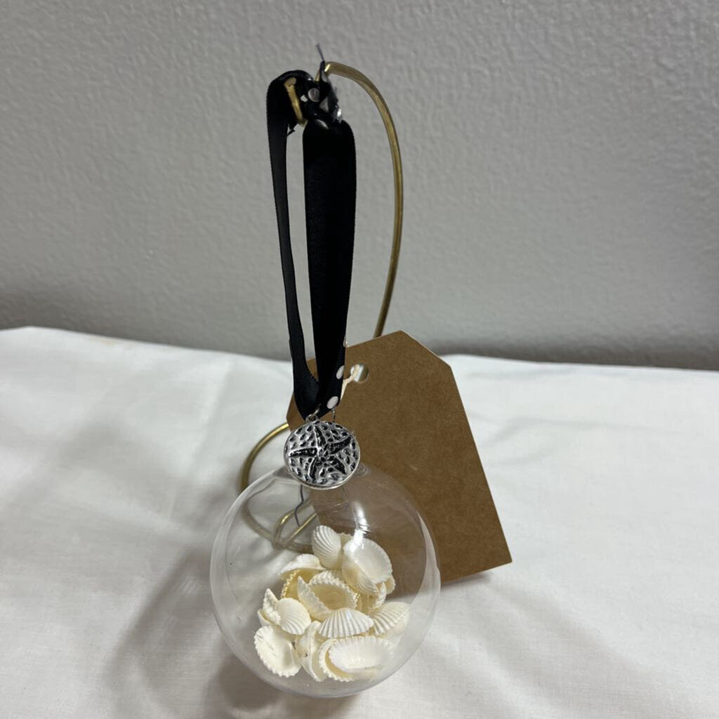 Ornament-White Shells Black/Silver Polka Dot Ribbon