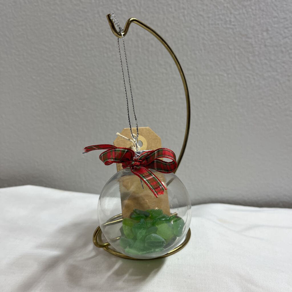 Ornament-Sm Green Glass Red Plaid Bow