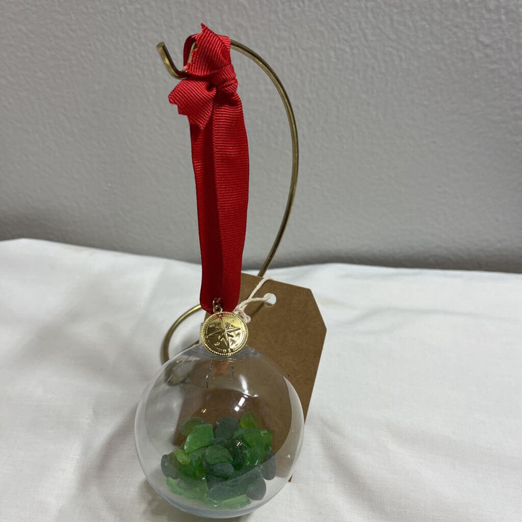 Ornament-Red Ribbon, Green Glass, Gold Compass Charm