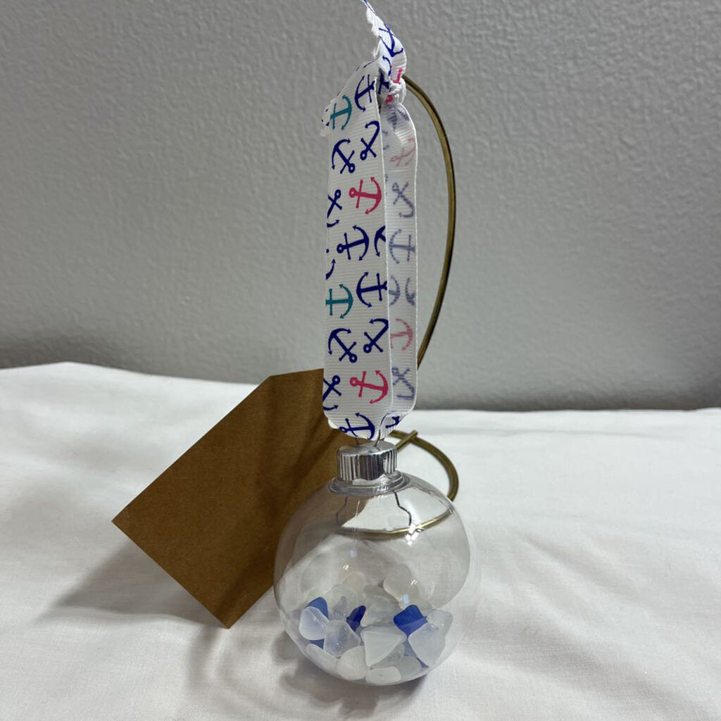 Ornament-Anchor Ribbon, White & Blue Glass