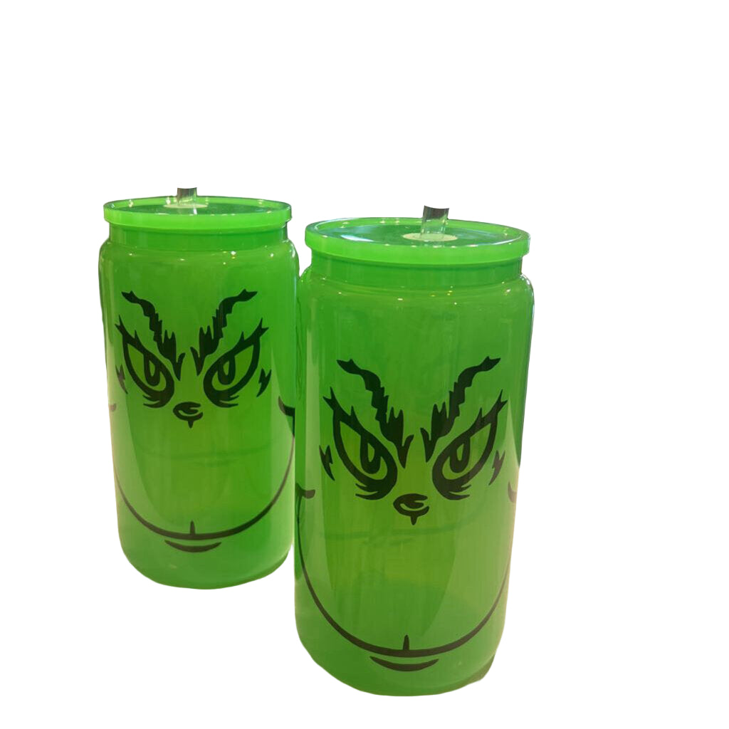 Grinch Face Flo Grn Glass Beer Can