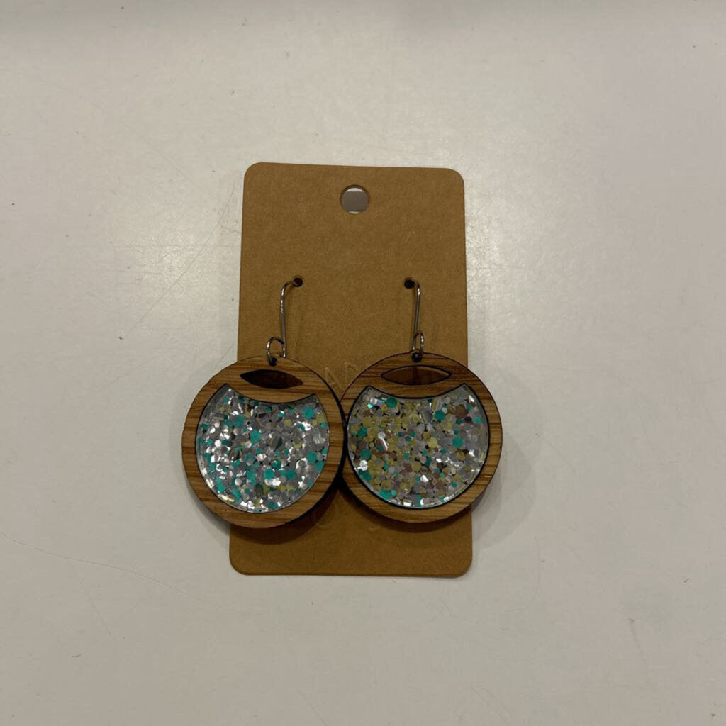 teal silver sparkle cresent inlay earring