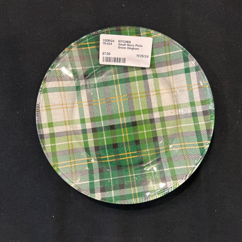 Small Glass Plate Green Gingham