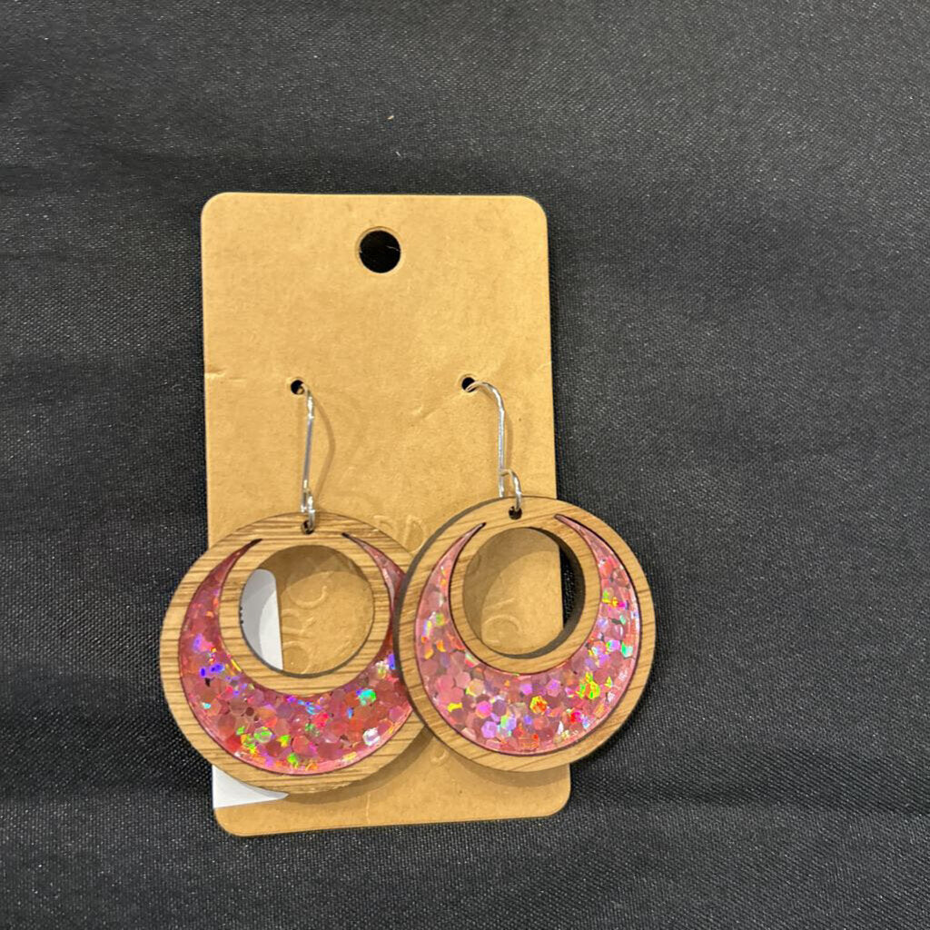 Pink Glitter Inlay Circle Earrings