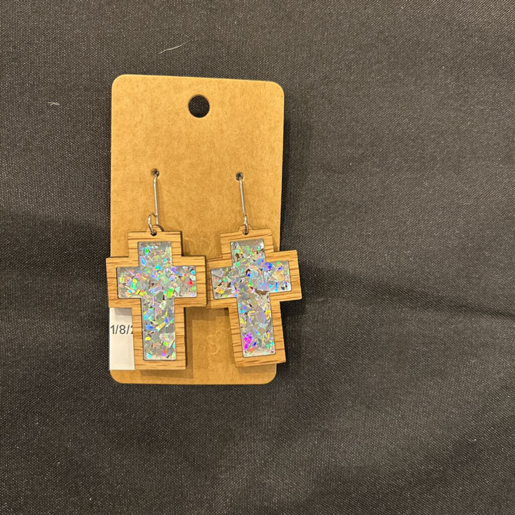 Silver Holographic Inlay Cross Earrings