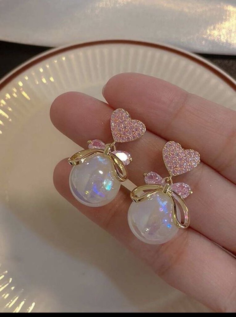 Pink Heart, Gold Bow, Pearl Dangle
