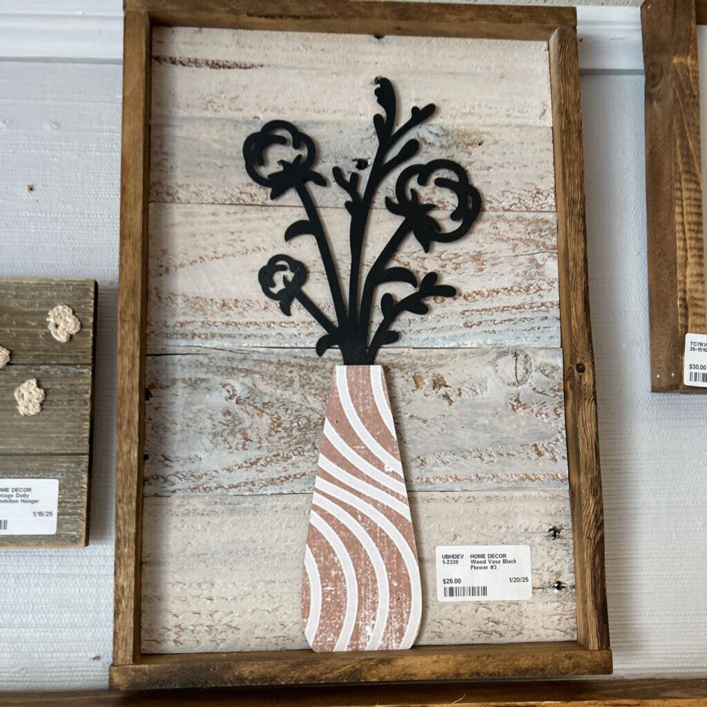 Wood Vase Black Flower #3