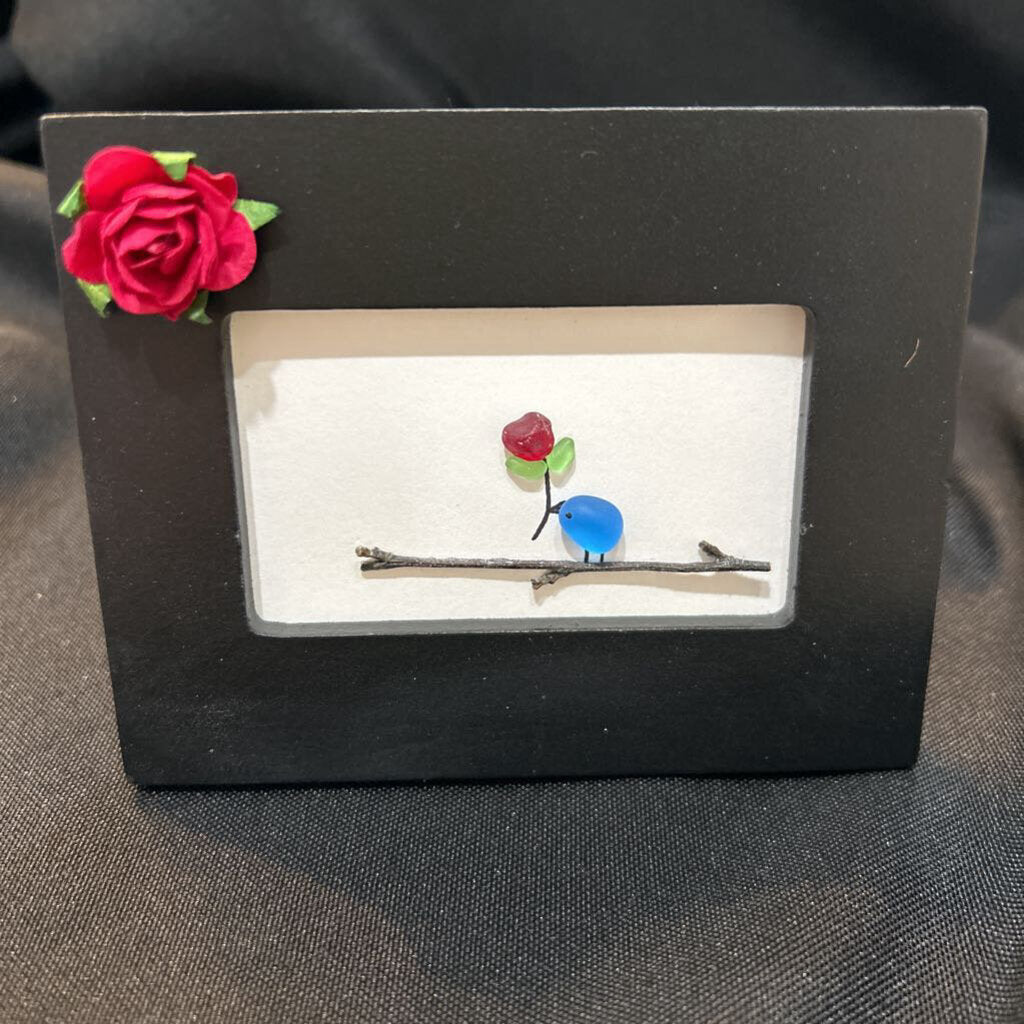 Beach Glass Bluebird w/rose sml black frame w/red rose