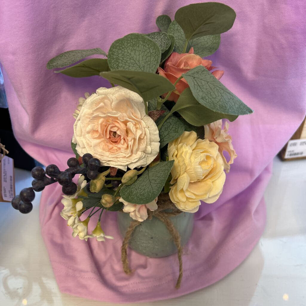 Peach Floral Arrangement in green glass jar