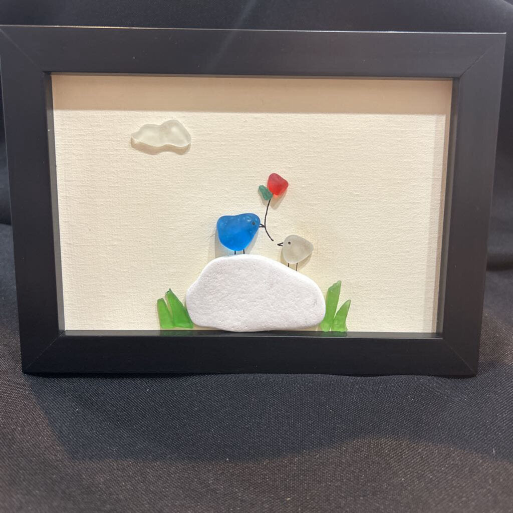 Beach Glass 2 Birds on White Stone, w/Rose