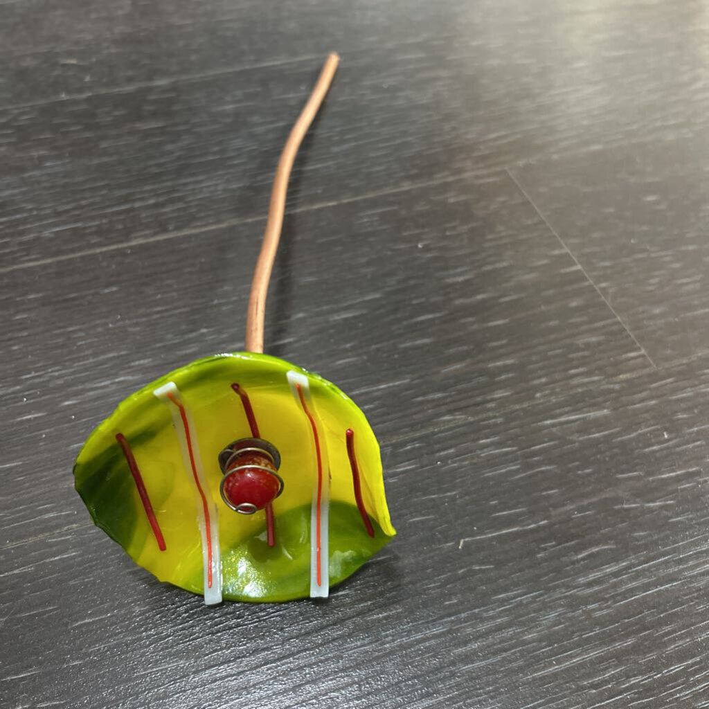 Bee Bath Garden Stake; yellow/green flower w/red stripes