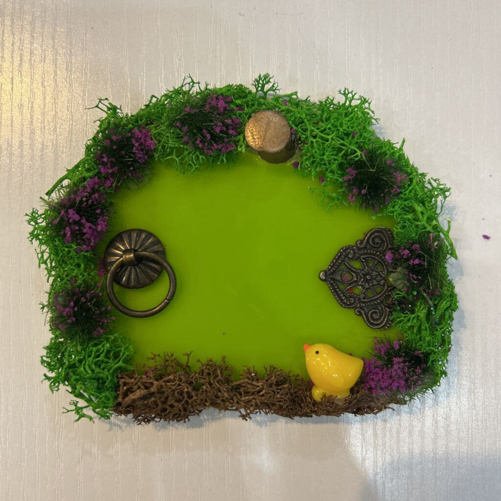 Decorative Glass Fairy Door; green with yellow bird