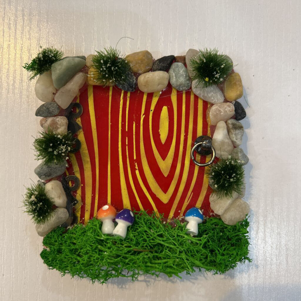 Decorative Glass Fairy Door; red/yellow striped with mushrooms