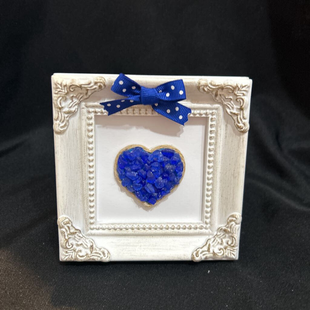 Small White Frame, Blue Glass Heart Beach Glass