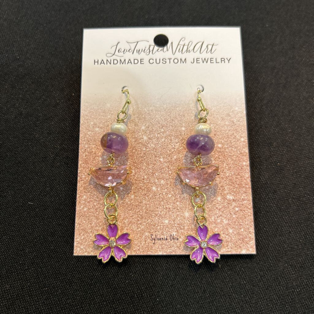 Dangle Purple Daisy Earrings with Semi Precious Stones