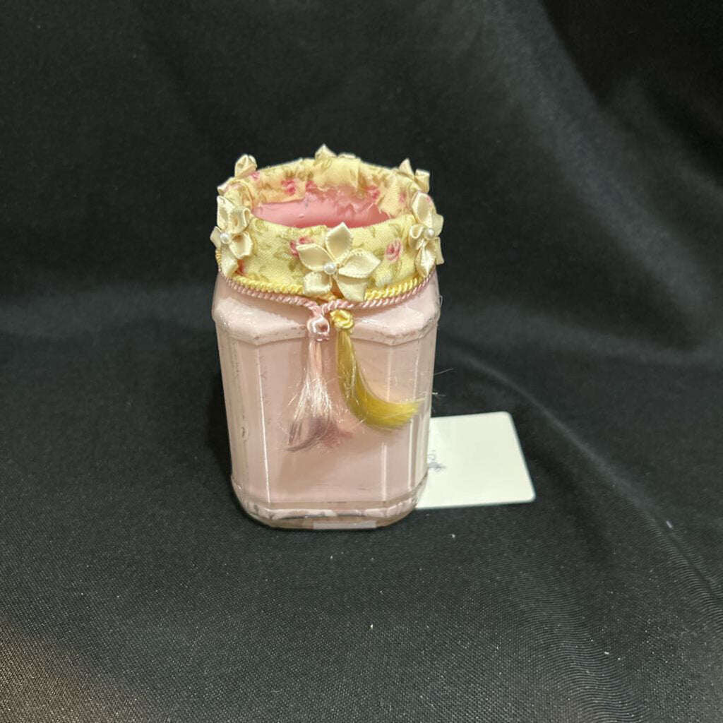 Decorative pink jar w/tassles & floral ribbon
