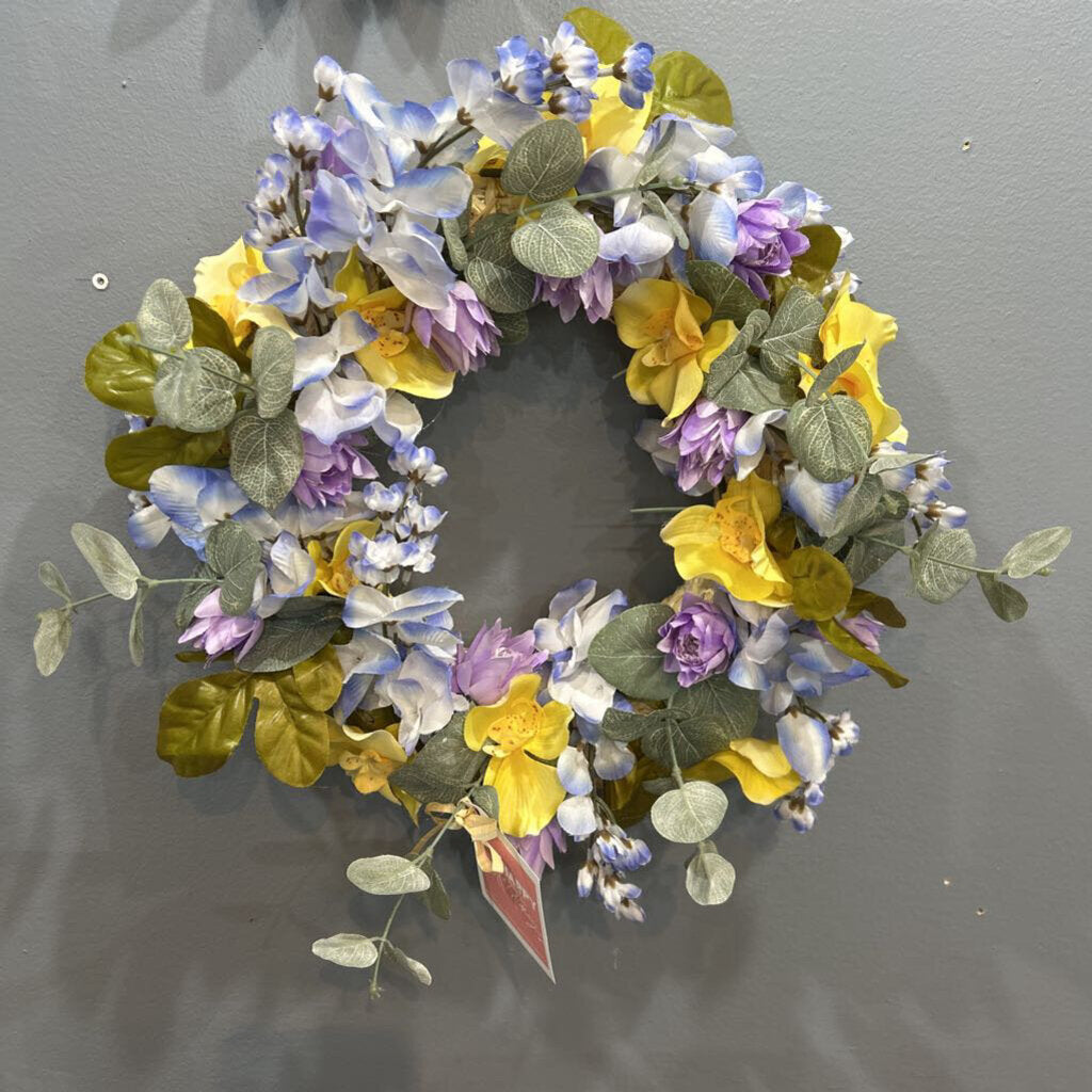 Floral straw pruprle hues & yellow floral wreath 1.5