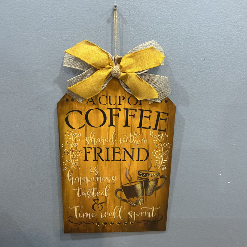 Wood Tag, A Cup of Coffee Brwn/Gold w/Bow