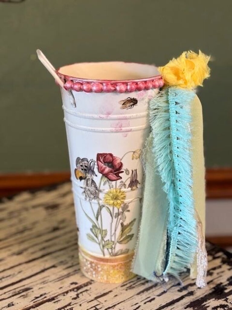 Floral with Bird Metal Vase