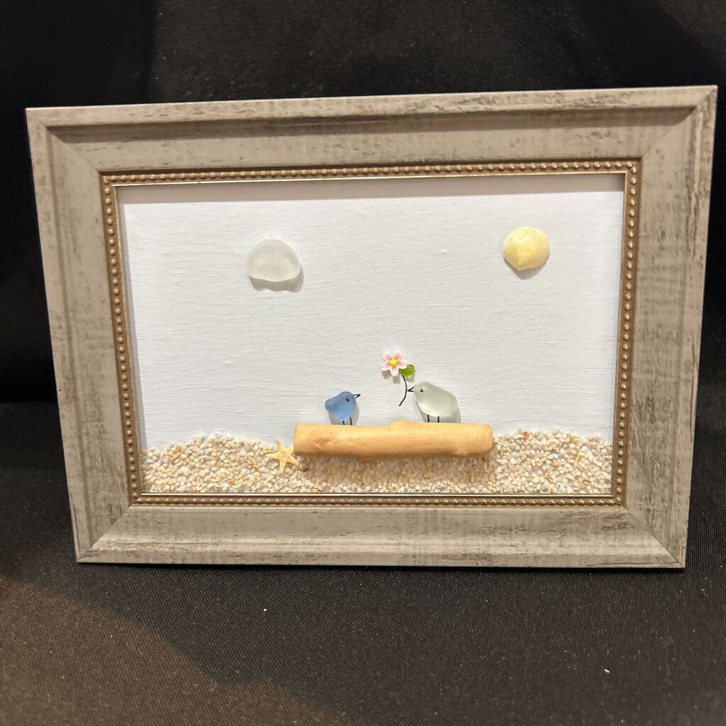 Blue/gray frame, blue matte, 2 birds driftwood w/flower