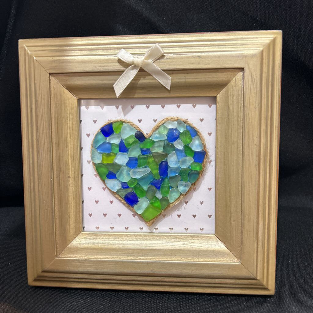 Gold frame with bow, multicolor glass heart