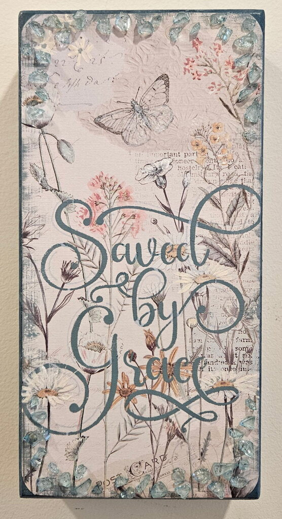 Wood, Saved by grace, colors blue gray & blush