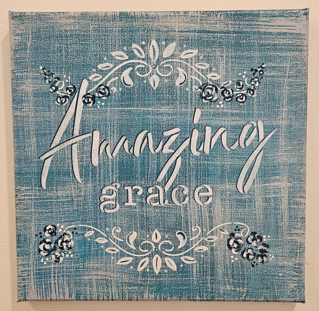 Wood, Amazing Grace, pale teal with white flowers