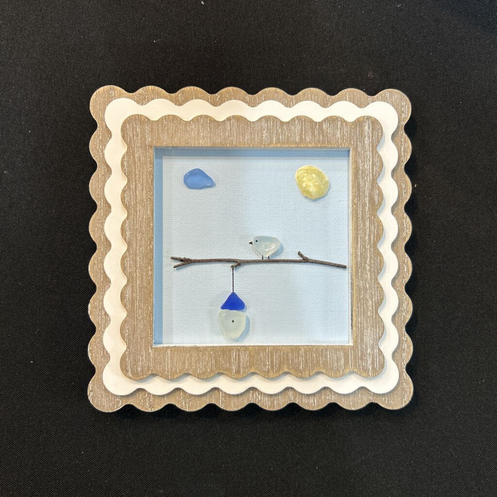 Tan/Wht Wavy Edge Frame Blu Matte Blue Bird/House Beach Glass