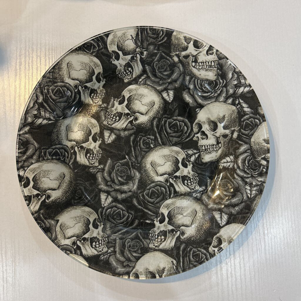Large Glass Plate; Skull & Roses B&W