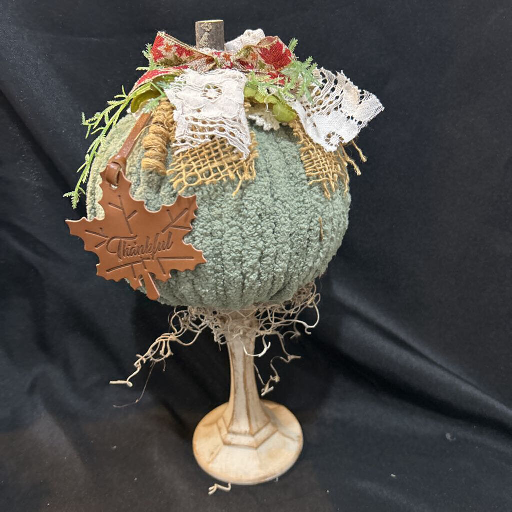 Moss Green Yarn Pumpkin on Cream Holder