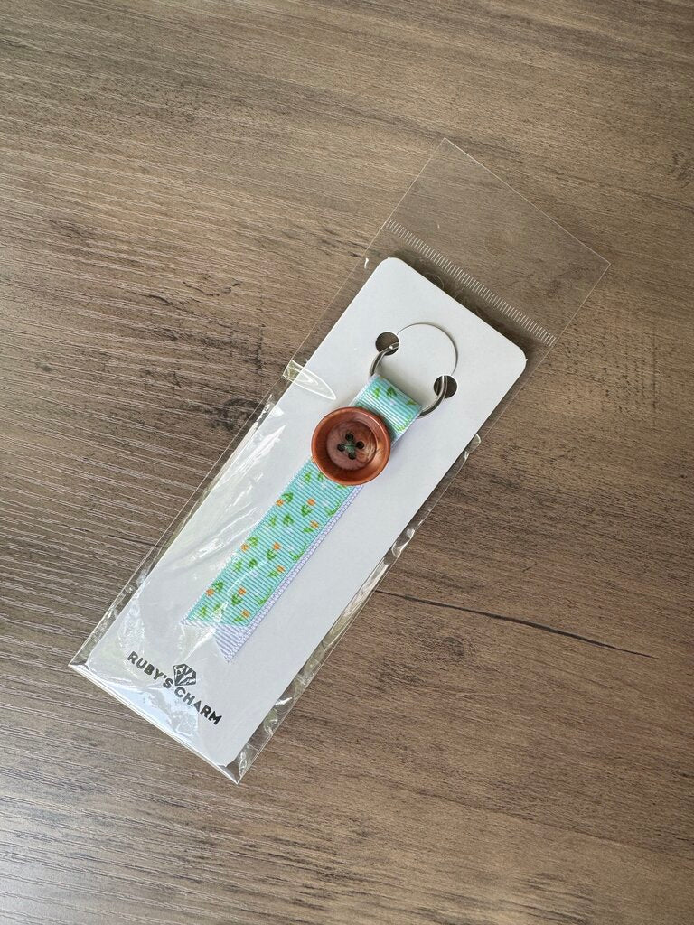 Ribbon Keychain-Seafoam Floral w/Brown Button