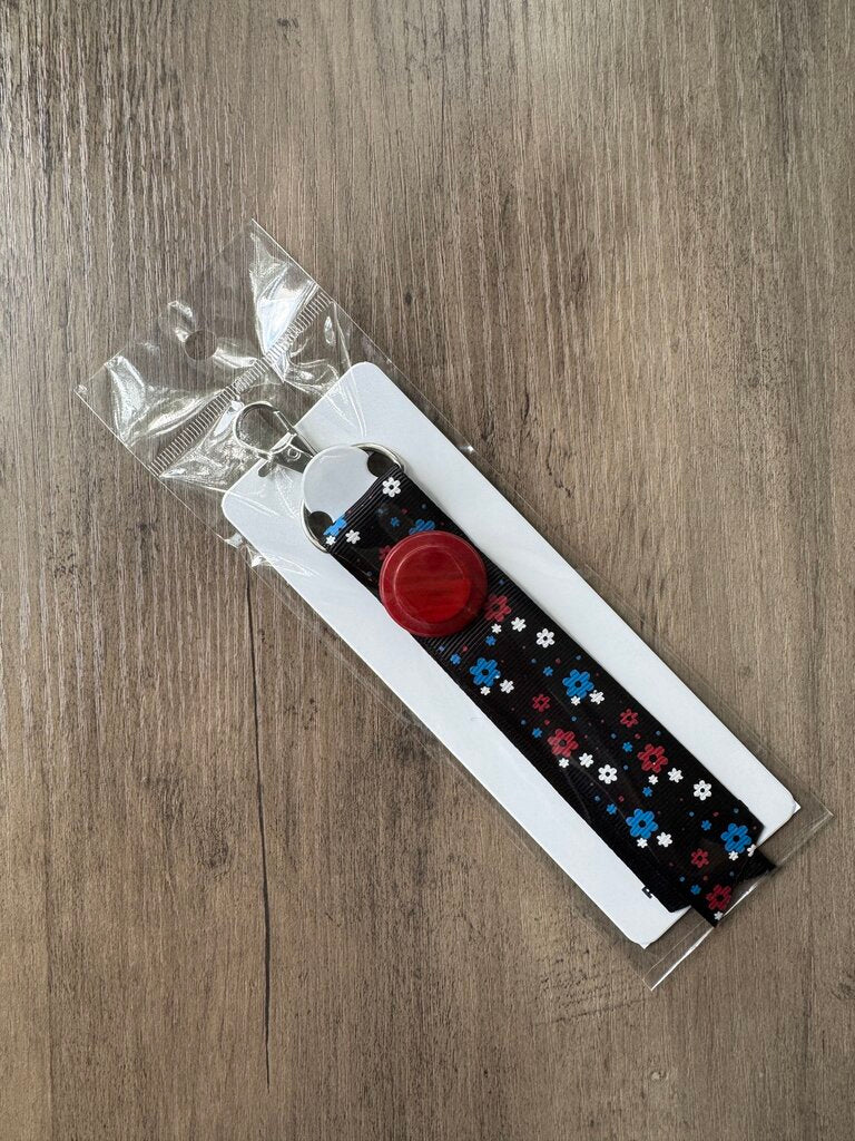 Ribbon Keychain-Black Floral w/Red Button