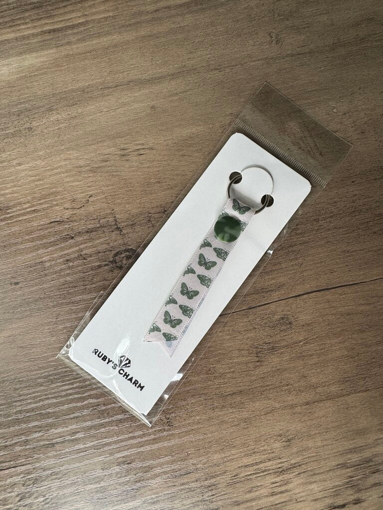 Ribbon Keychain-Green Butterfly w/Green Button
