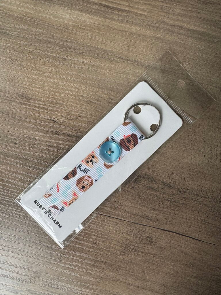 Ribbon Keychain-White Dog Pattern w/Blu Button