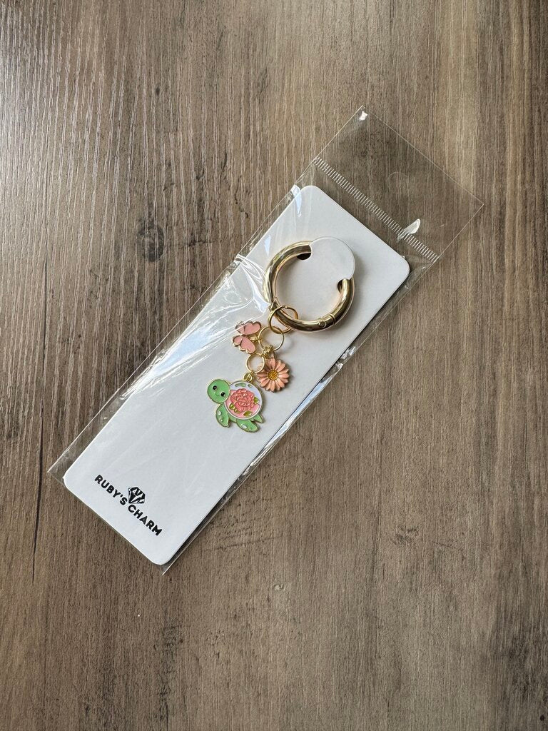 Charm Keychain-Terrarium Turtle w/Pink Flower & Butterfly