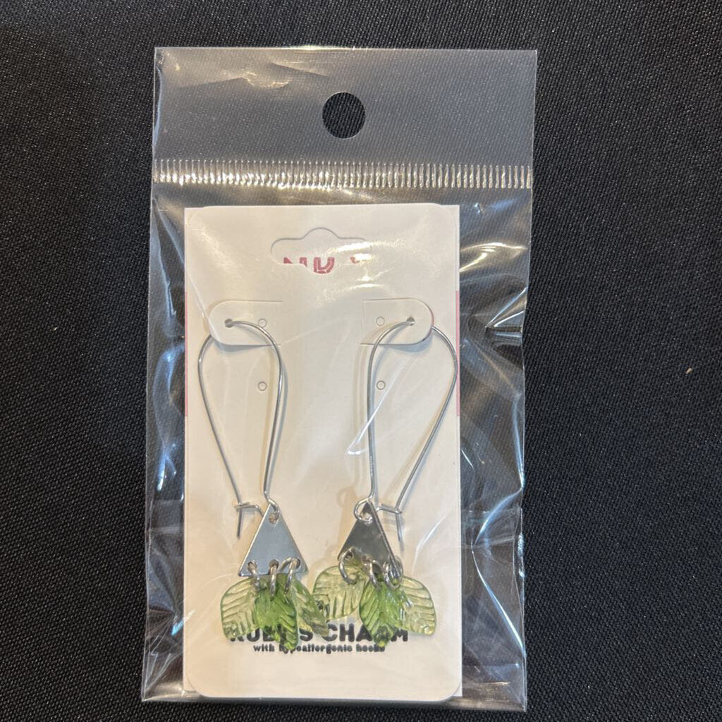 Dangle Earring-Green Leaf Silver Triangles